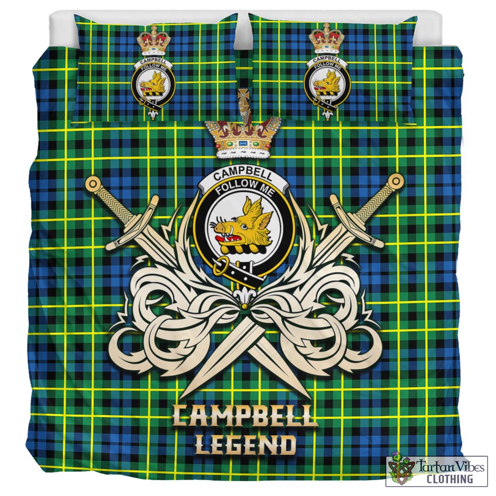 Tartan Vibes Clothing Campbell of Breadalbane Ancient Tartan Bedding Set with Clan Crest and the Golden Sword of Courageous Legacy