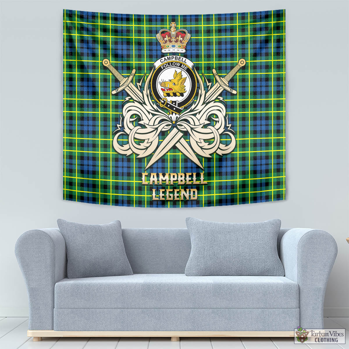 Tartan Vibes Clothing Campbell of Breadalbane Ancient Tartan Tapestry with Clan Crest and the Golden Sword of Courageous Legacy