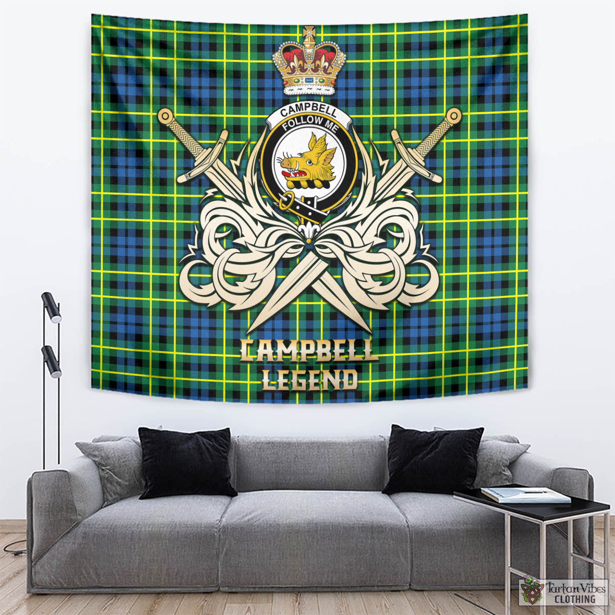 Tartan Vibes Clothing Campbell of Breadalbane Ancient Tartan Tapestry with Clan Crest and the Golden Sword of Courageous Legacy