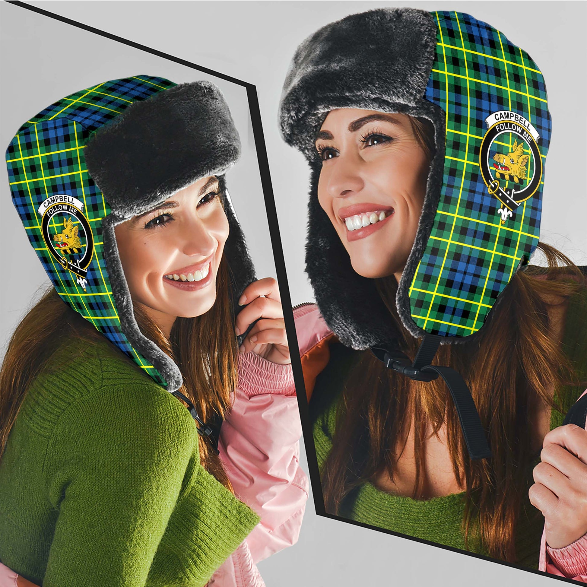 Campbell of Breadalbane Ancient Tartan Winter Trapper Hat with Family Crest - Tartanvibesclothing