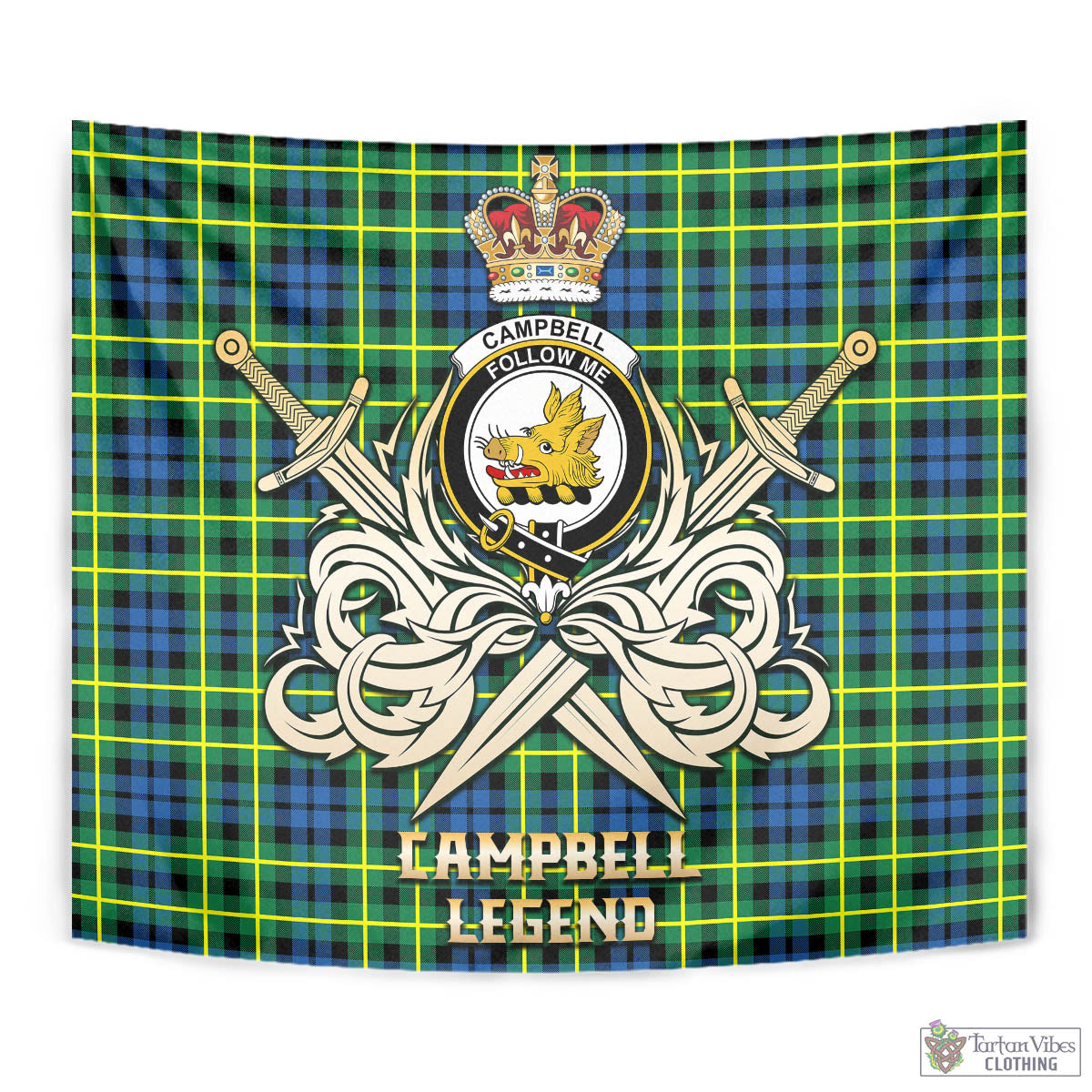 Tartan Vibes Clothing Campbell of Breadalbane Ancient Tartan Tapestry with Clan Crest and the Golden Sword of Courageous Legacy