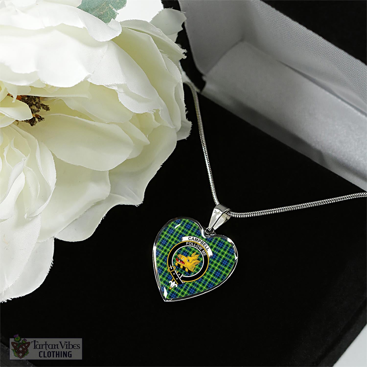 Tartan Vibes Clothing Campbell of Breadalbane Ancient Tartan Heart Necklace with Family Crest