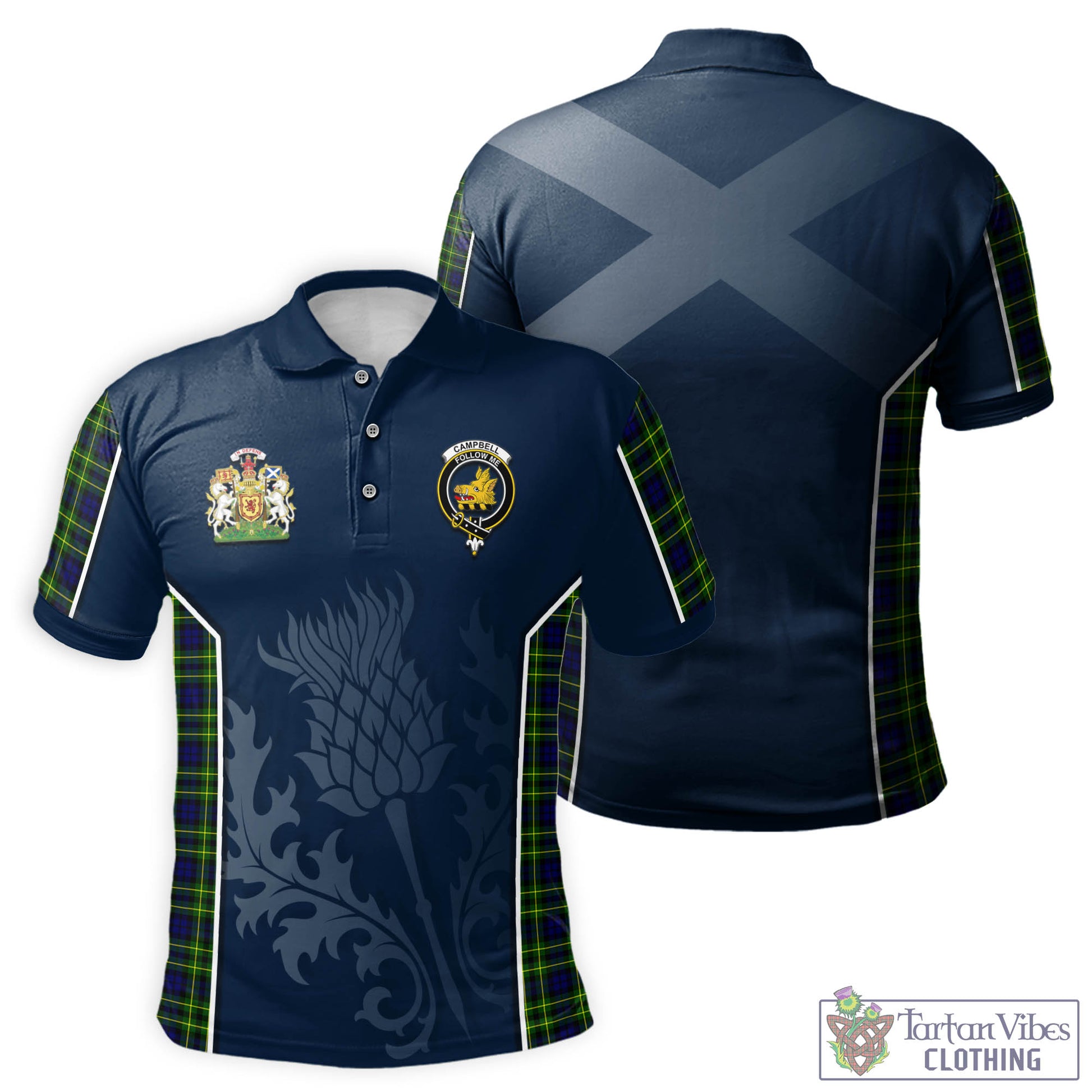 Tartan Vibes Clothing Campbell of Breadalbane Modern Tartan Men's Polo Shirt with Family Crest and Scottish Thistle Vibes Sport Style