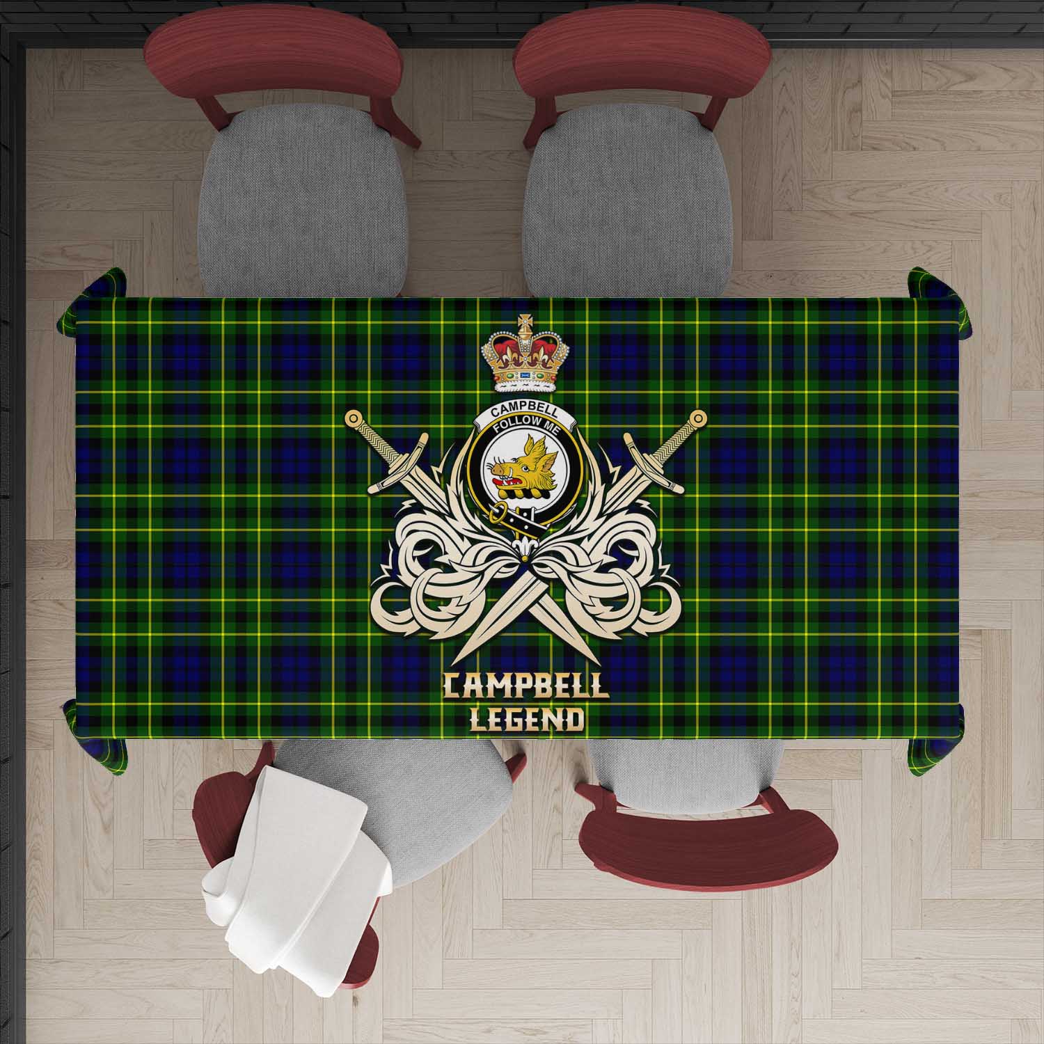 Tartan Vibes Clothing Campbell of Breadalbane Modern Tartan Tablecloth with Clan Crest and the Golden Sword of Courageous Legacy