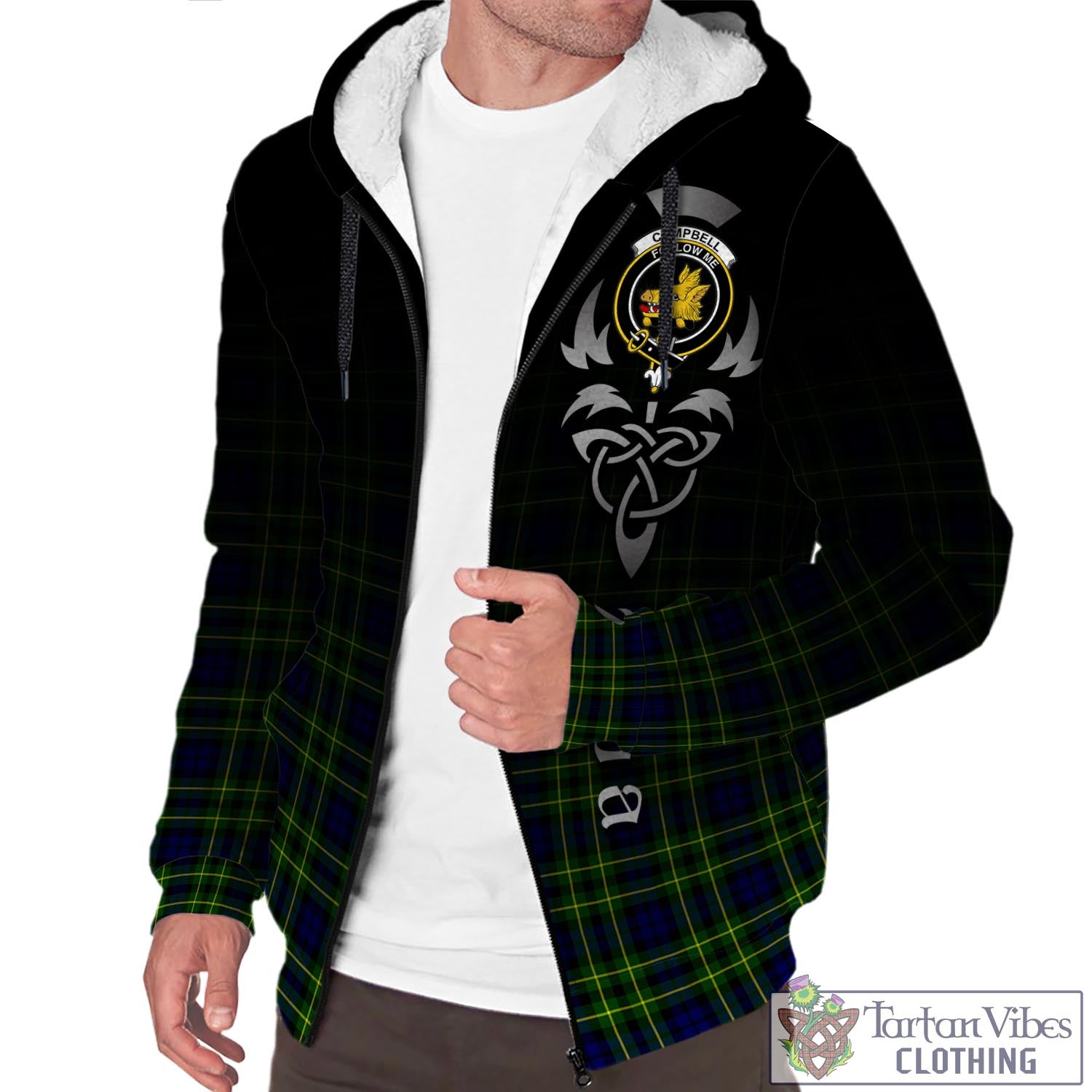 Tartan Vibes Clothing Campbell of Breadalbane Modern Tartan Sherpa Hoodie Featuring Alba Gu Brath Family Crest Celtic Inspired