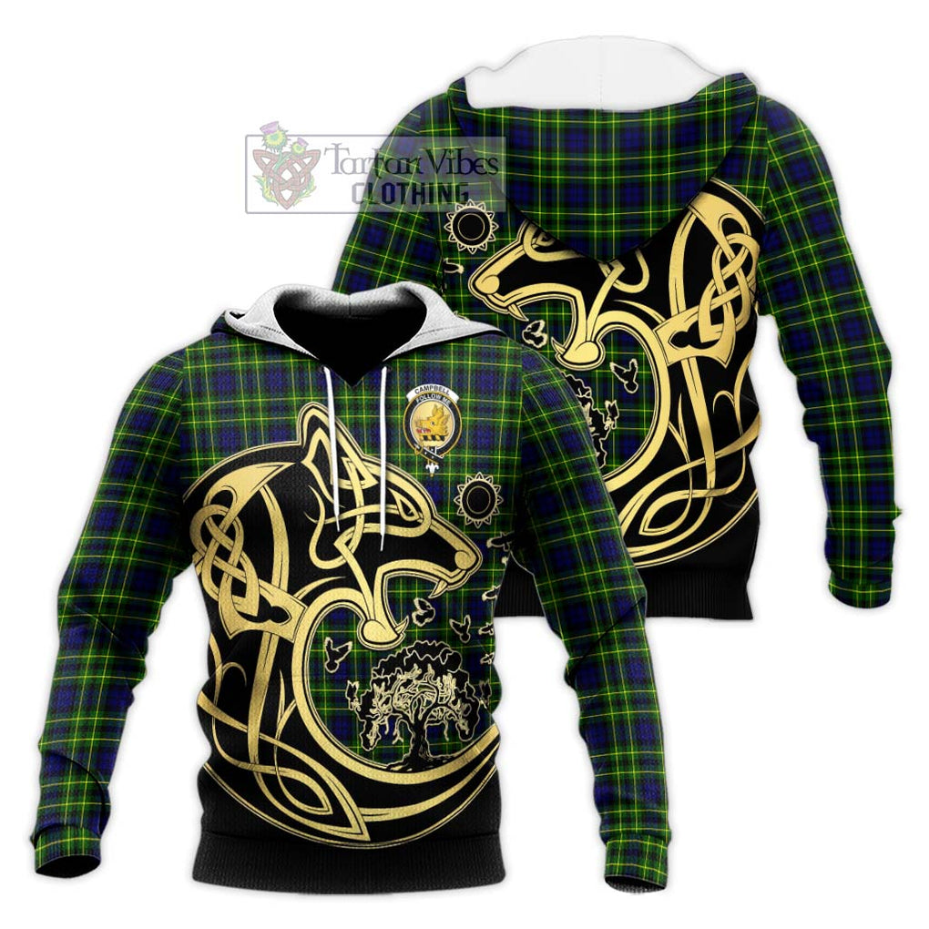 Campbell of Breadalbane Modern Tartan Knitted Hoodie with Family Crest Celtic Wolf Style Unisex Knitted Pullover Hoodie - Tartan Vibes Clothing