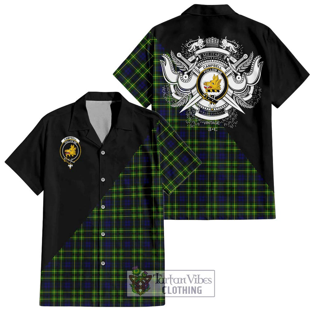 Campbell of Breadalbane Modern Tartan Short Sleeve Button Shirt with Family Crest and Military Logo Style Kid - Tartanvibesclothing Shop