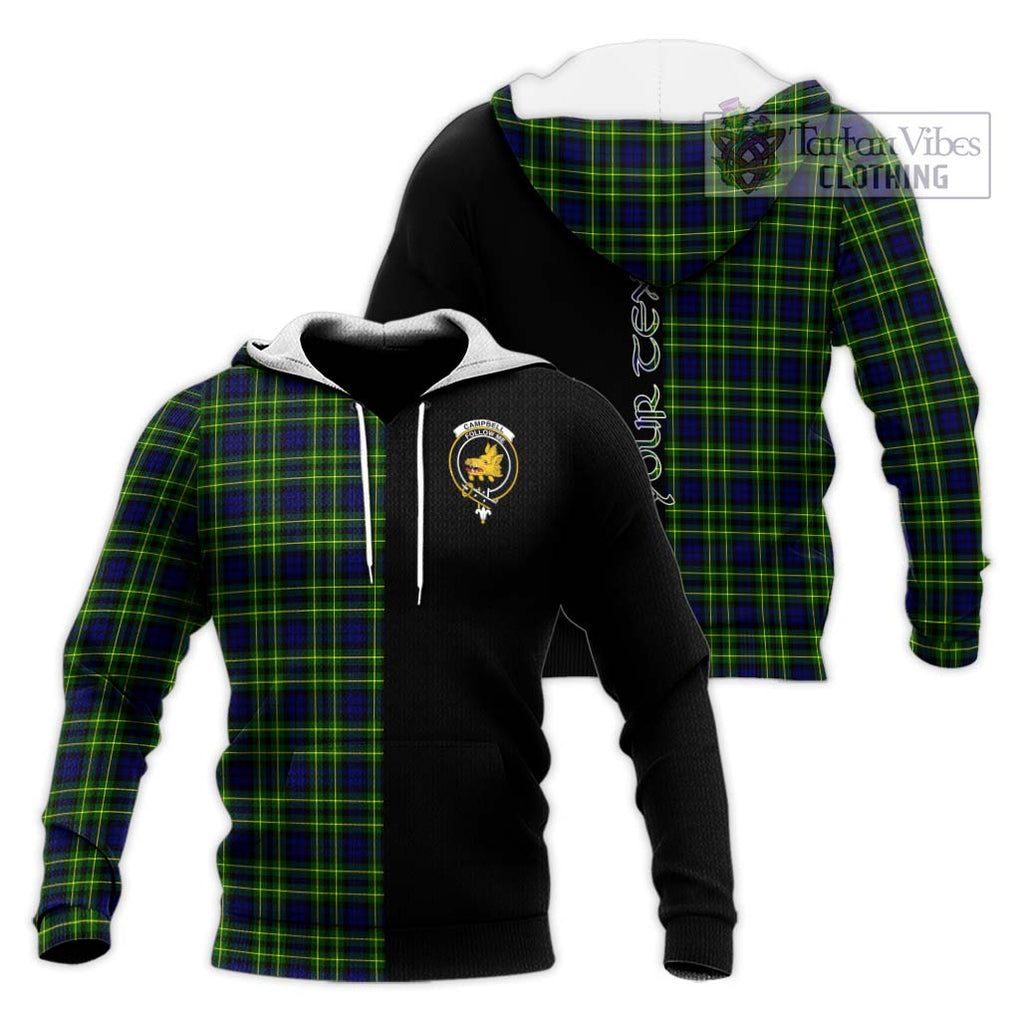 Campbell of Breadalbane Modern Tartan Knitted Hoodie with Family Crest and Half Of Me Style Unisex Knitted Pullover Hoodie - Tartanvibesclothing Shop