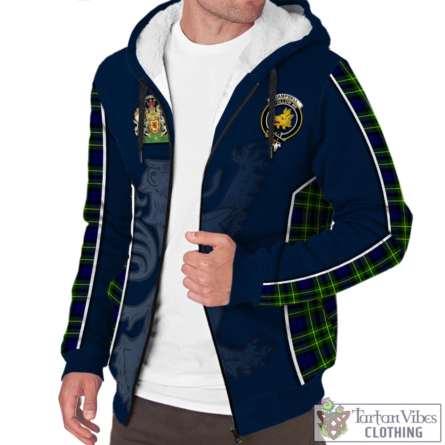 Tartan Vibes Clothing Campbell of Breadalbane Modern Tartan Sherpa Hoodie with Family Crest and Lion Rampant Vibes Sport Style