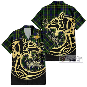 Campbell of Breadalbane Modern Tartan Short Sleeve Button Shirt with Family Crest Celtic Wolf Style