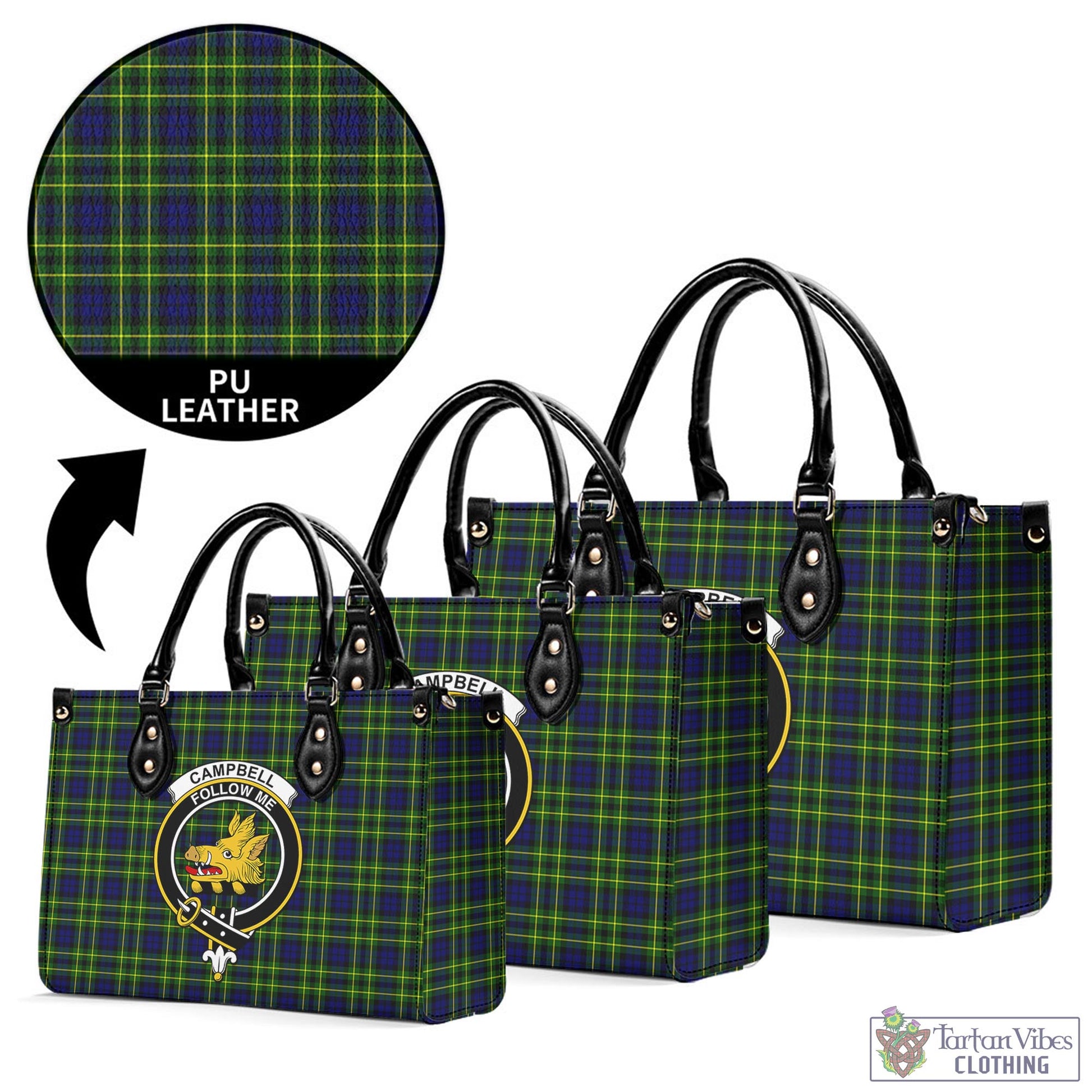 Tartan Vibes Clothing Campbell of Breadalbane Modern Tartan Luxury Leather Handbags with Family Crest