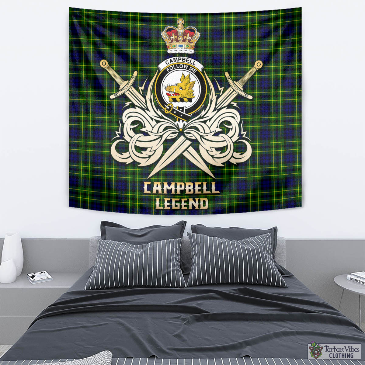 Tartan Vibes Clothing Campbell of Breadalbane Modern Tartan Tapestry with Clan Crest and the Golden Sword of Courageous Legacy