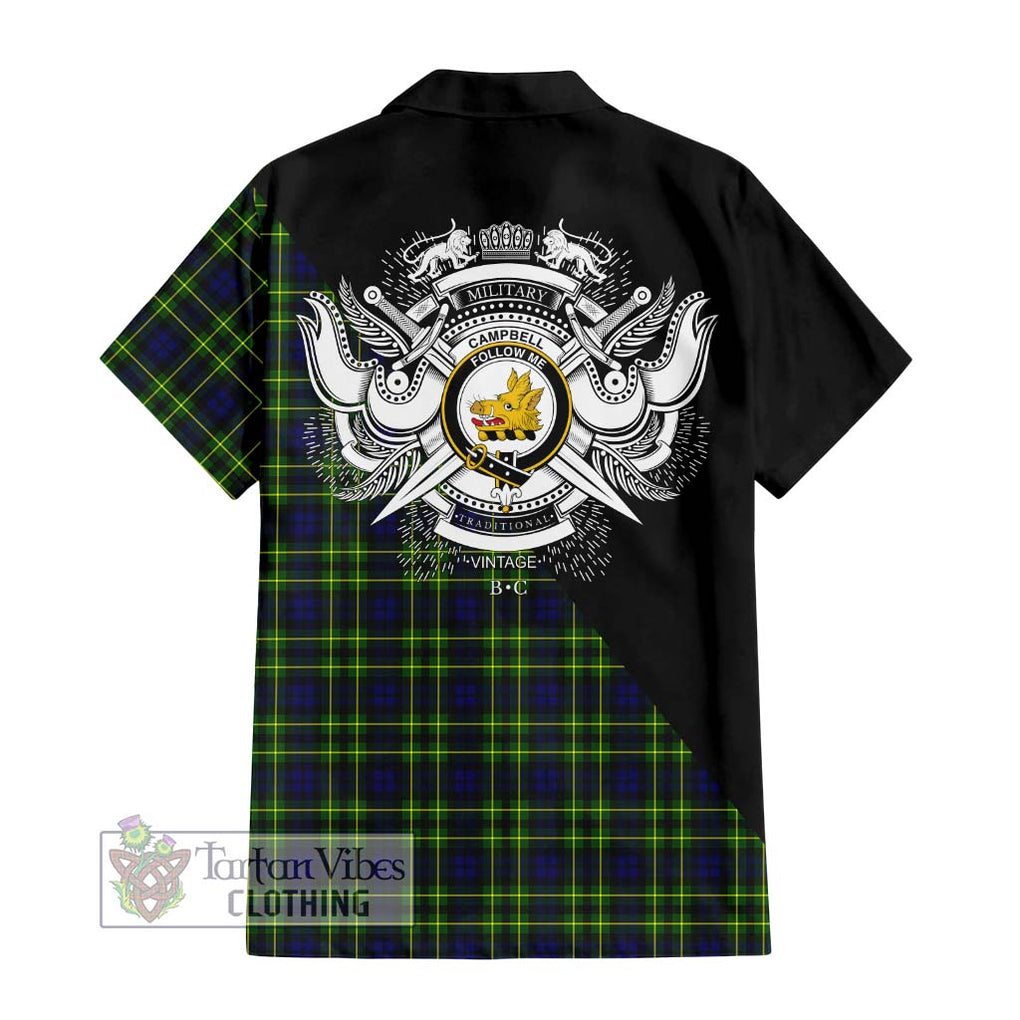 Campbell of Breadalbane Modern Tartan Short Sleeve Button Shirt with Family Crest and Military Logo Style - Tartanvibesclothing Shop