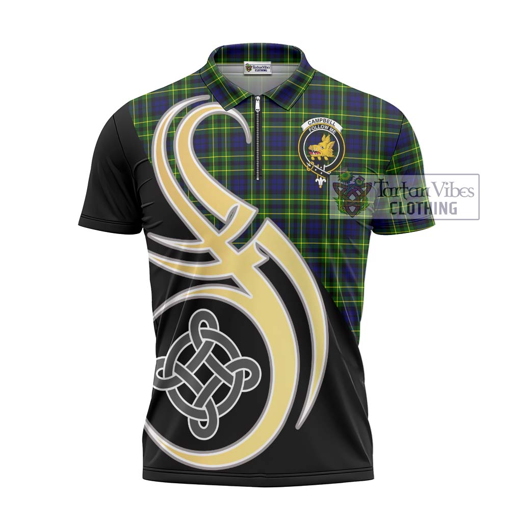 Tartan Vibes Clothing Campbell of Breadalbane Modern Tartan Zipper Polo Shirt with Family Crest and Celtic Symbol Style