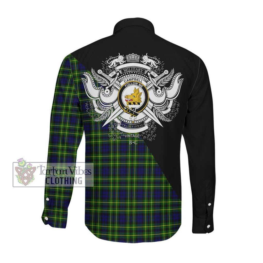 Campbell of Breadalbane Modern Tartan Long Sleeve Button Shirt with Family Crest and Military Logo Style Men's Shirt - Tartanvibesclothing Shop