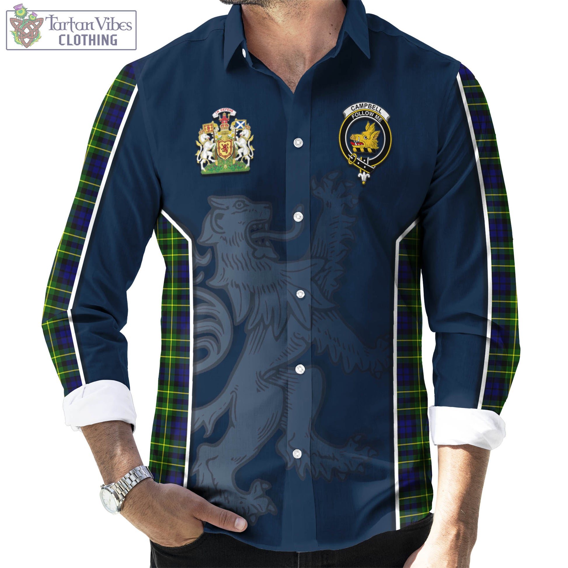 Tartan Vibes Clothing Campbell of Breadalbane Modern Tartan Long Sleeve Button Up Shirt with Family Crest and Lion Rampant Vibes Sport Style