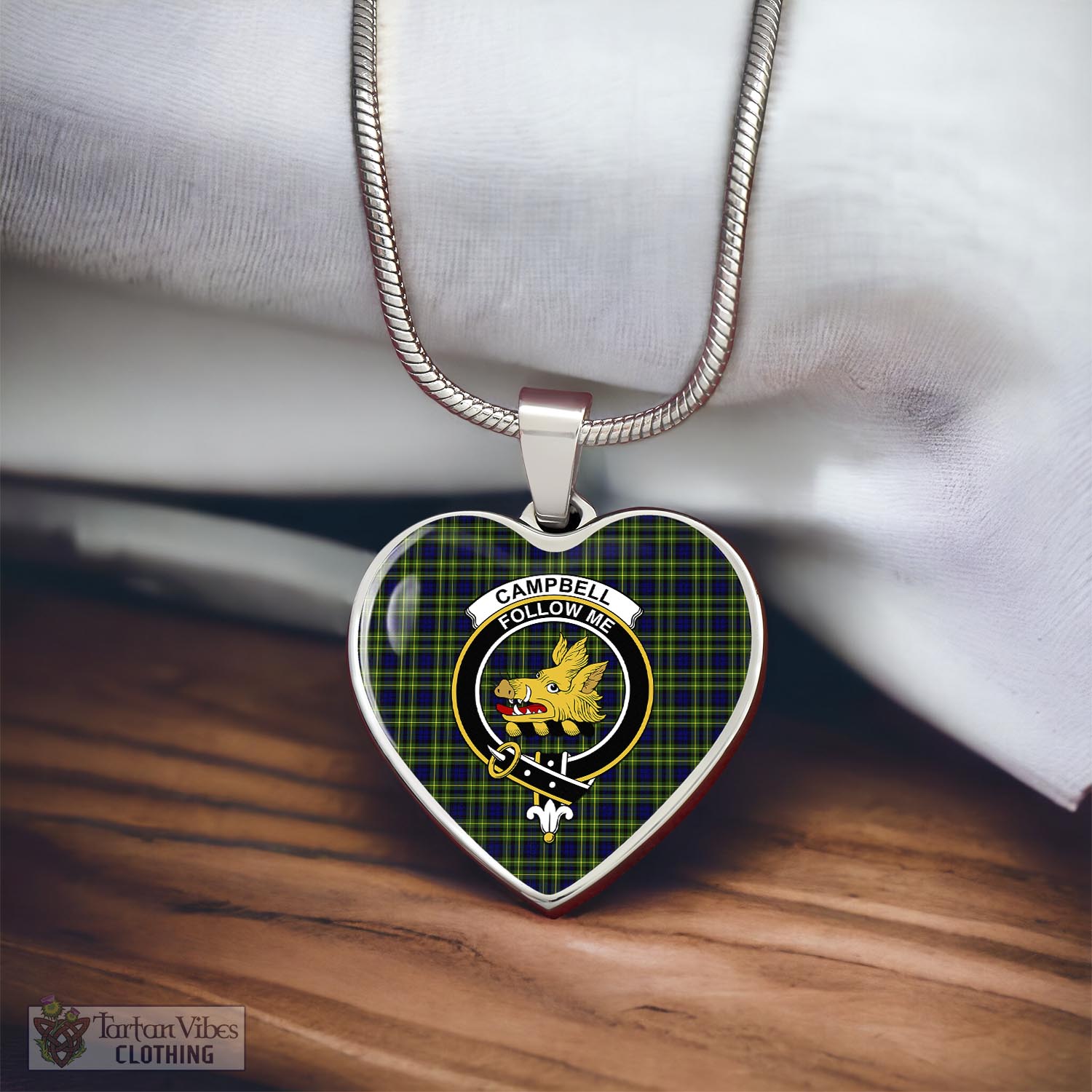 Tartan Vibes Clothing Campbell of Breadalbane Modern Tartan Heart Necklace with Family Crest