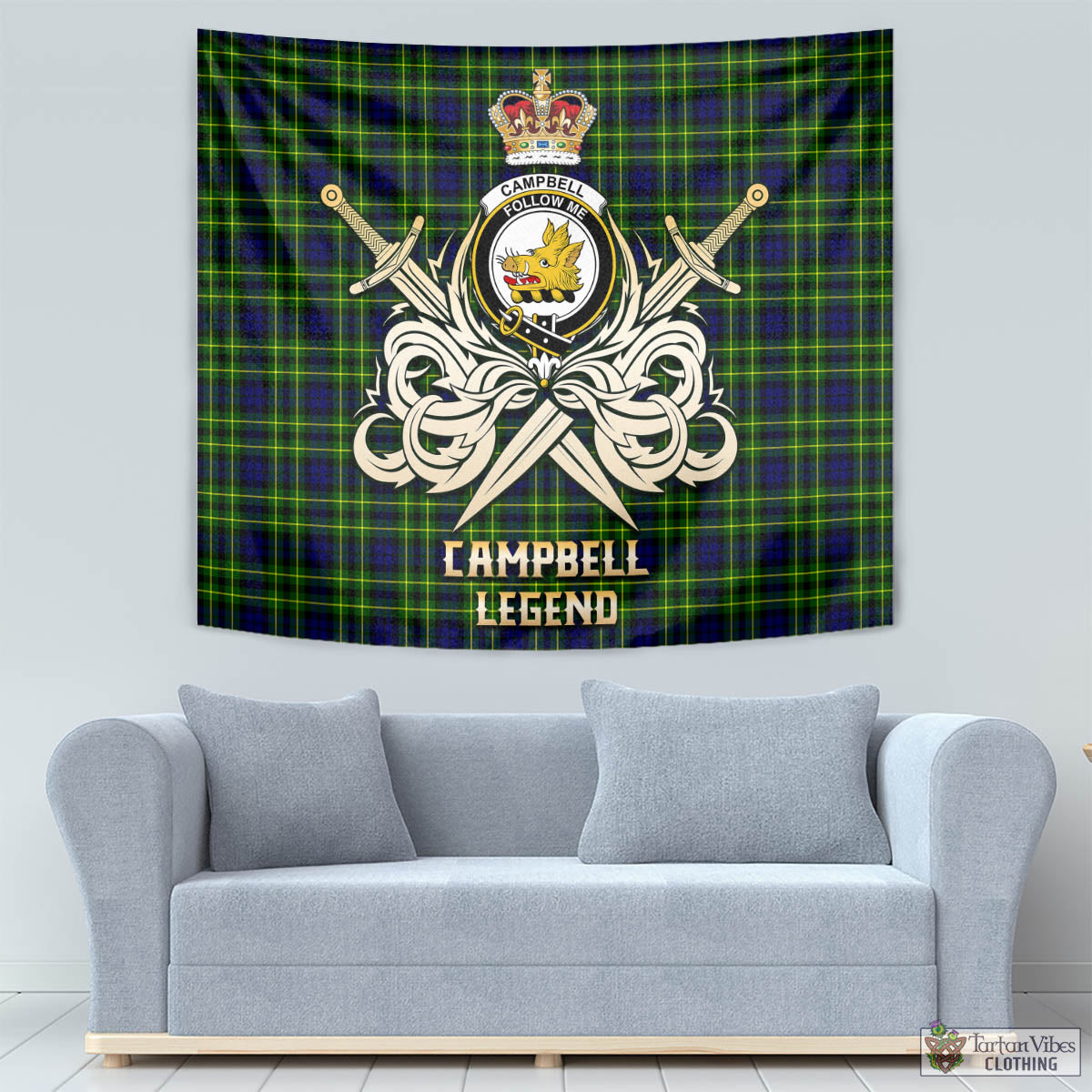 Tartan Vibes Clothing Campbell of Breadalbane Modern Tartan Tapestry with Clan Crest and the Golden Sword of Courageous Legacy