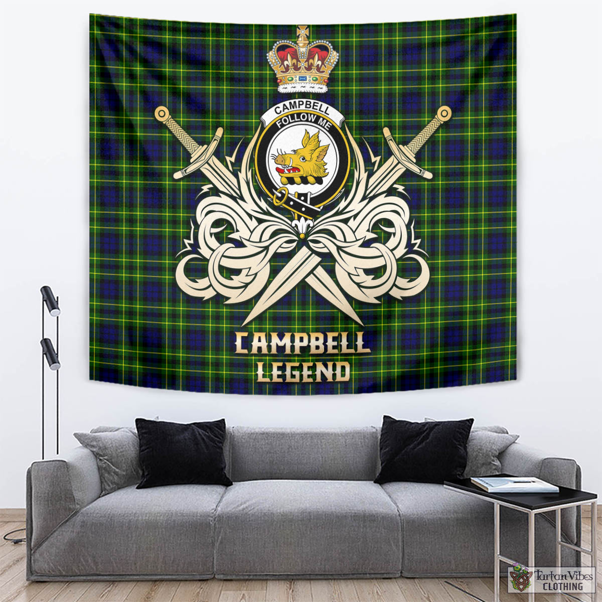 Tartan Vibes Clothing Campbell of Breadalbane Modern Tartan Tapestry with Clan Crest and the Golden Sword of Courageous Legacy