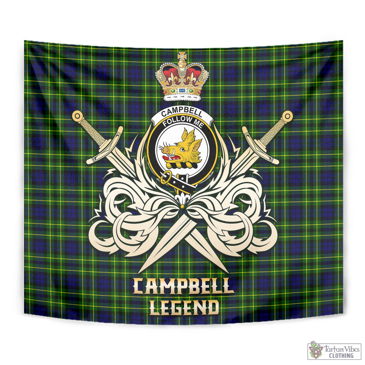 Tartan Vibes Clothing Campbell of Breadalbane Modern Tartan Tapestry with Clan Crest and the Golden Sword of Courageous Legacy