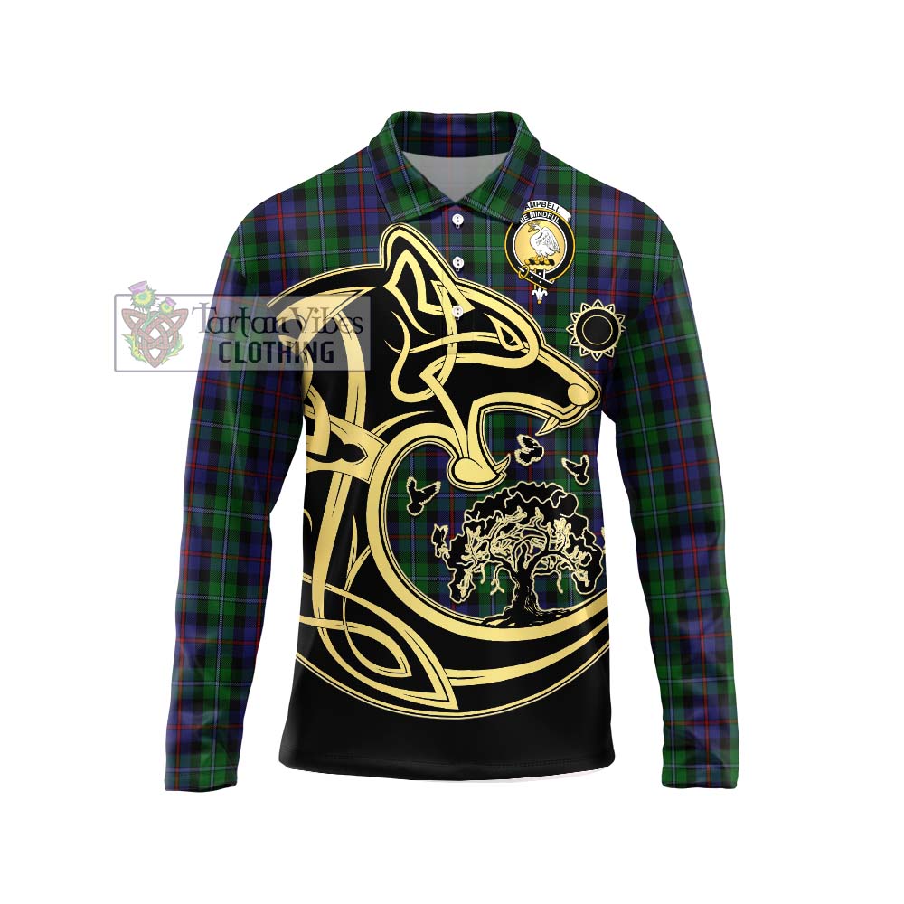 Tartan Vibes Clothing Campbell of Cawdor Tartan Long Sleeve Polo Shirt with Family Crest Celtic Wolf Style