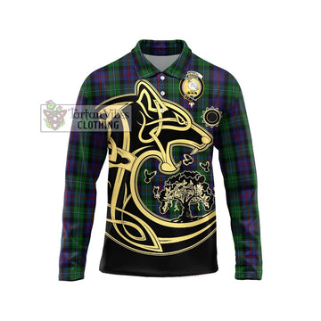 Campbell of Cawdor Tartan Long Sleeve Polo Shirt with Family Crest Celtic Wolf Style