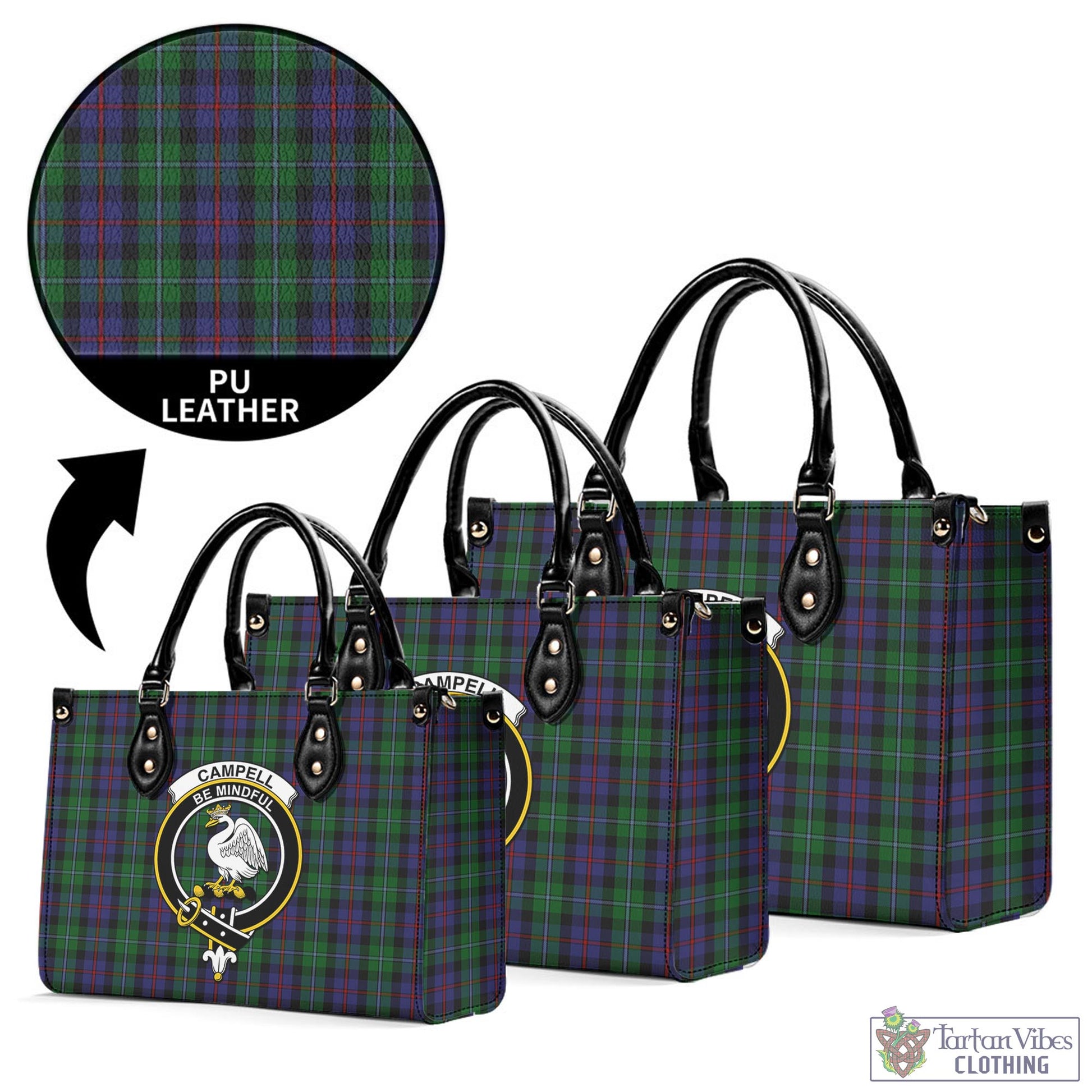 Tartan Vibes Clothing Campbell of Cawdor Tartan Luxury Leather Handbags with Family Crest