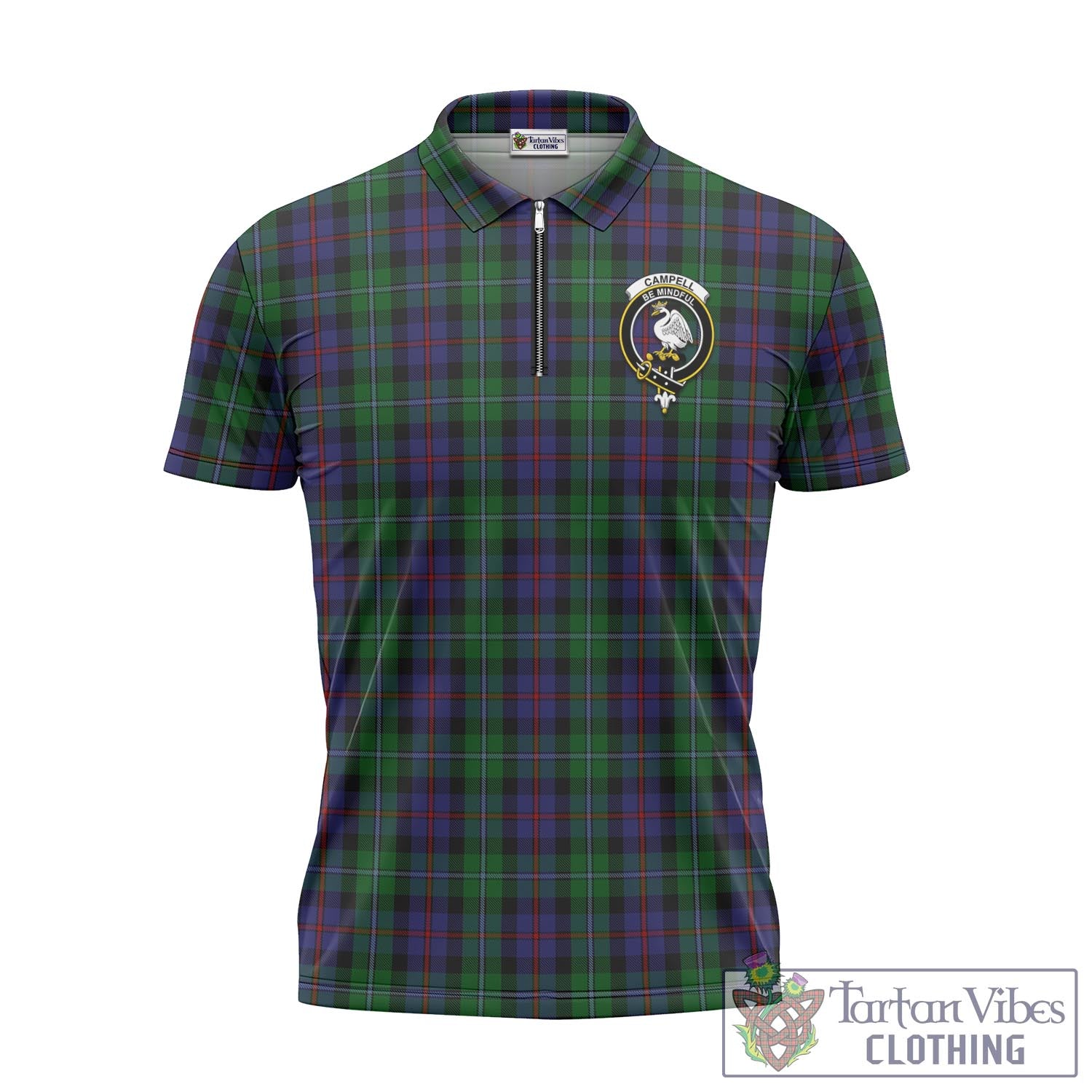 Tartan Vibes Clothing Campbell of Cawdor Tartan Zipper Polo Shirt with Family Crest
