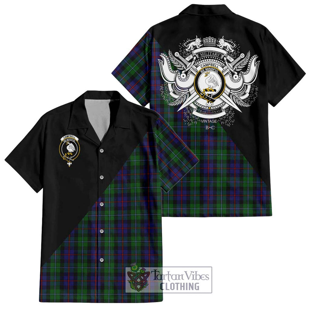 Campbell of Cawdor Tartan Short Sleeve Button Shirt with Family Crest and Military Logo Style Kid - Tartanvibesclothing Shop