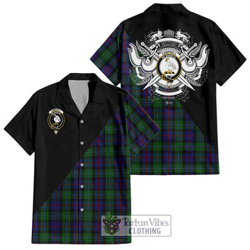 Campbell of Cawdor Tartan Short Sleeve Button Shirt with Family Crest and Military Logo Style