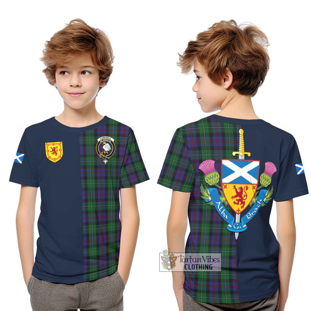 Tartan Vibes Clothing Campbell of Cawdor Tartan Kid T-Shirt with Scottish Lion Royal Arm Half Style