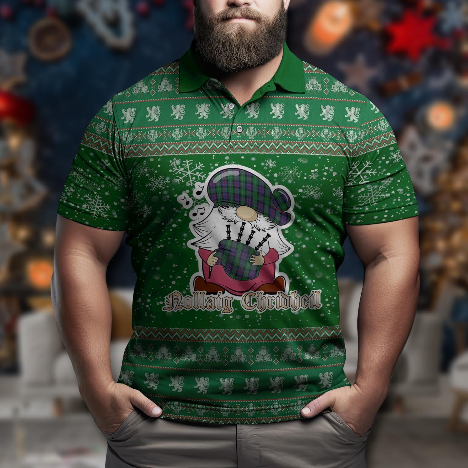 Campbell of Cawdor Clan Christmas Family Polo Shirt with Funny Gnome Playing Bagpipes Men's Polo Shirt Green - Tartanvibesclothing