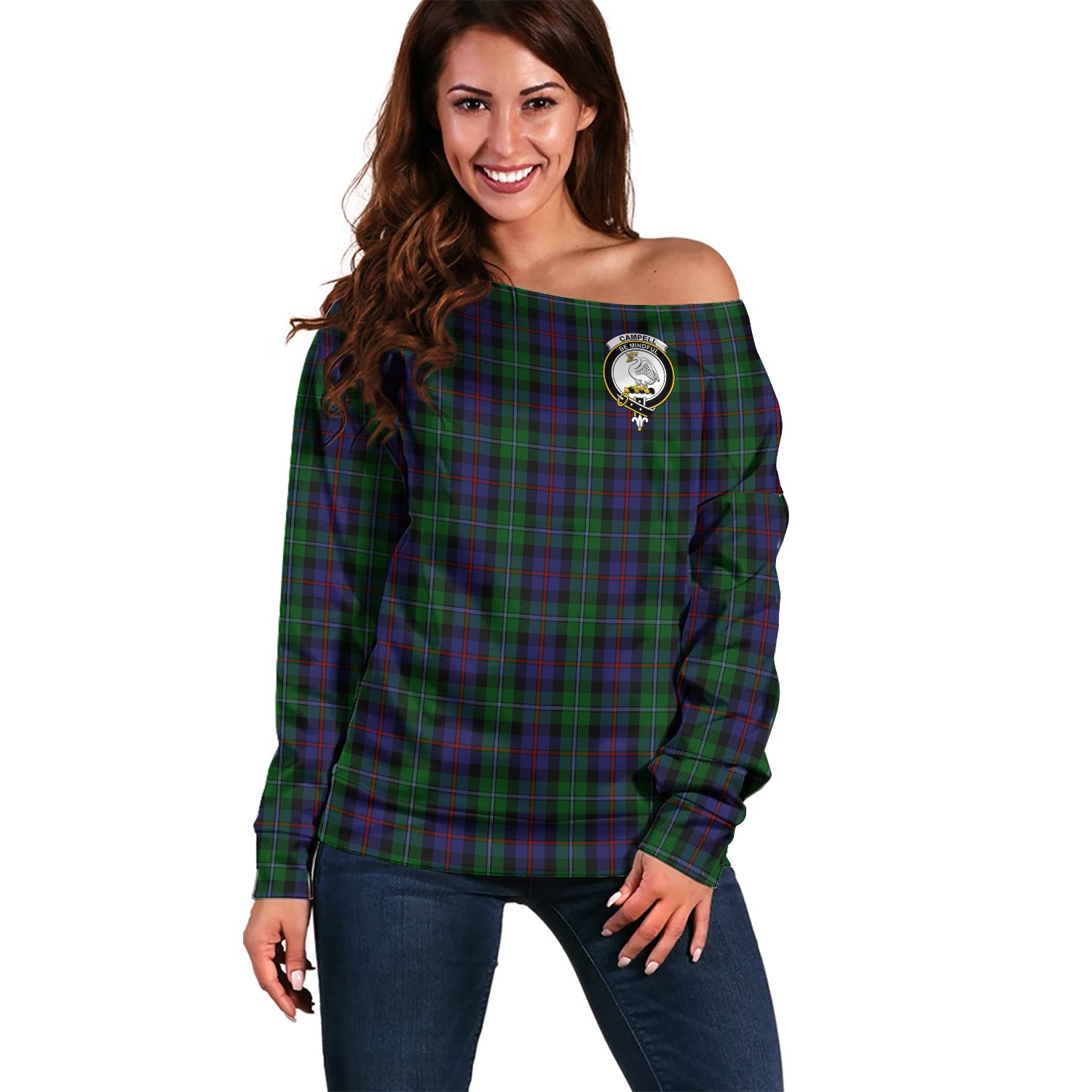 Campbell of Cawdor Tartan Off Shoulder Women Sweater with Family Crest Women - Tartanvibesclothing