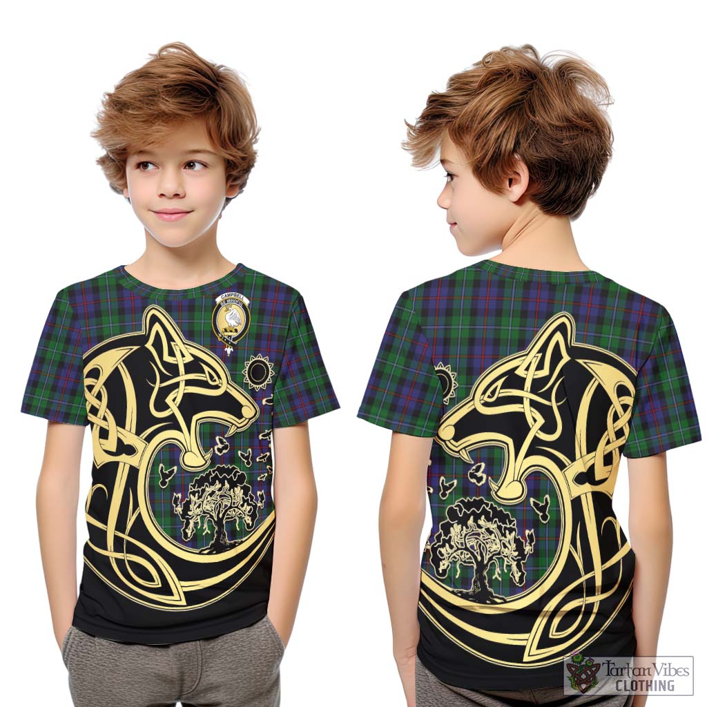 Tartan Vibes Clothing Campbell of Cawdor Tartan Kid T-Shirt with Family Crest Celtic Wolf Style