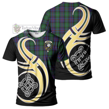 Campbell of Cawdor Tartan T-Shirt with Family Crest and Celtic Symbol Style