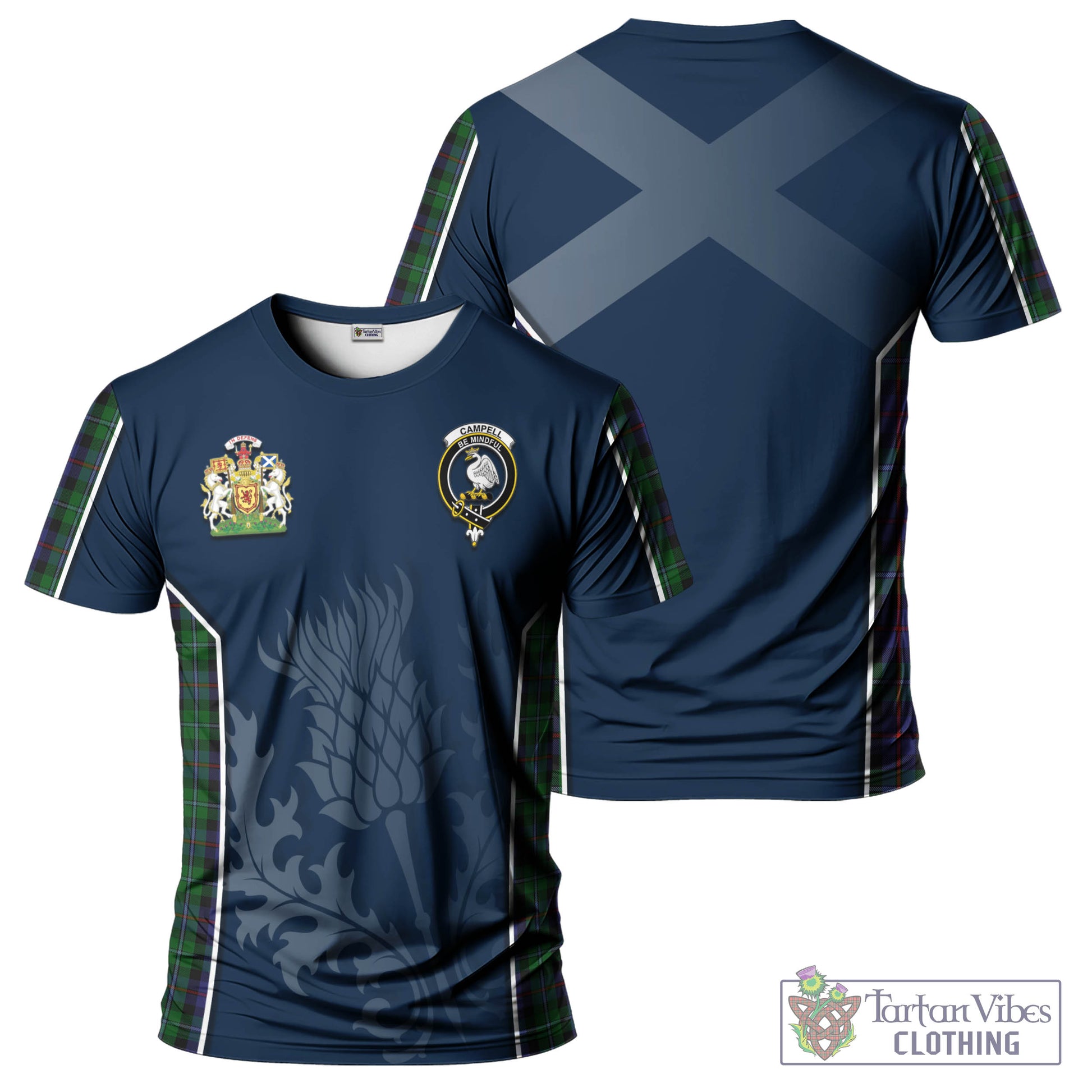 Tartan Vibes Clothing Campbell of Cawdor Tartan T-Shirt with Family Crest and Scottish Thistle Vibes Sport Style