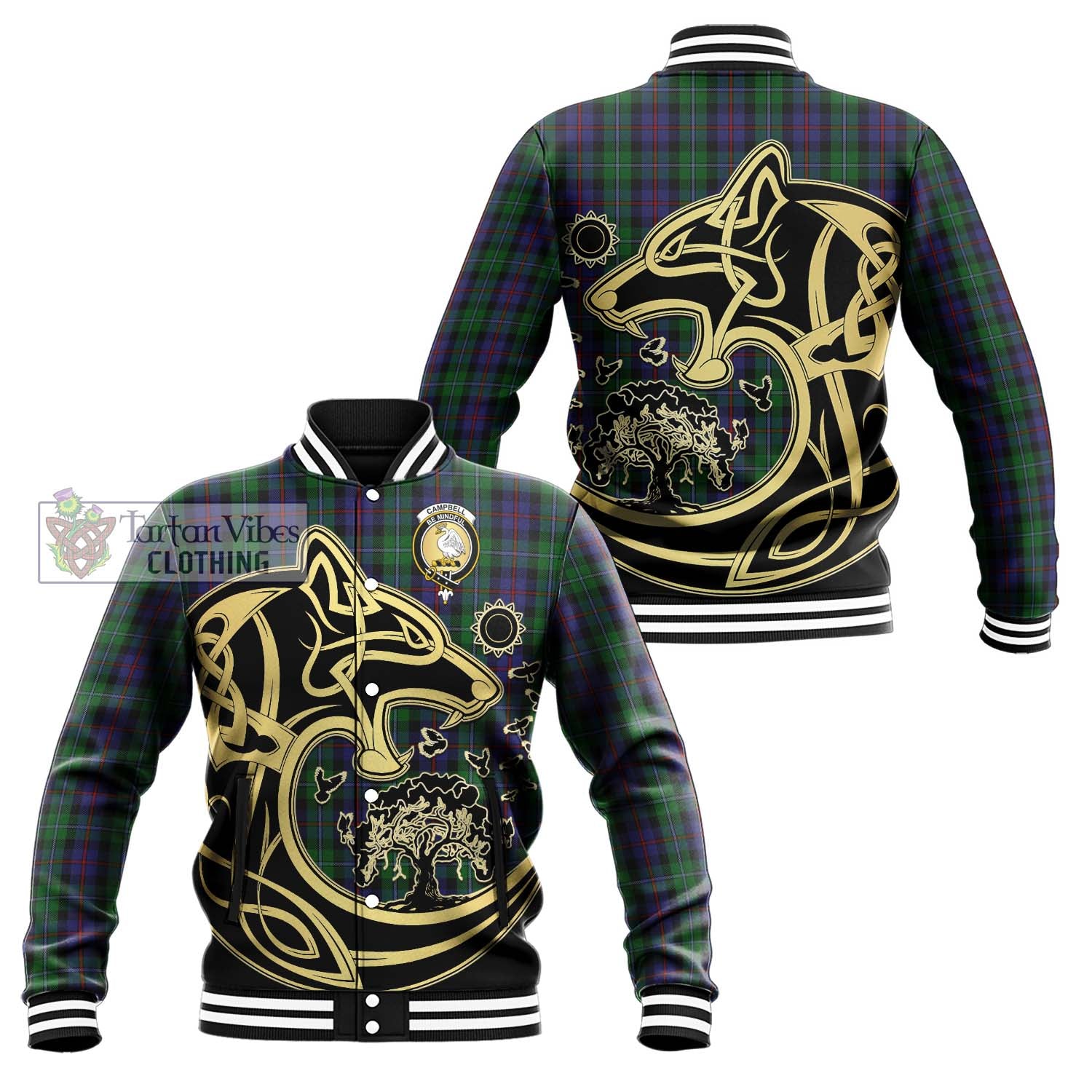 Tartan Vibes Clothing Campbell of Cawdor Tartan Baseball Jacket with Family Crest Celtic Wolf Style