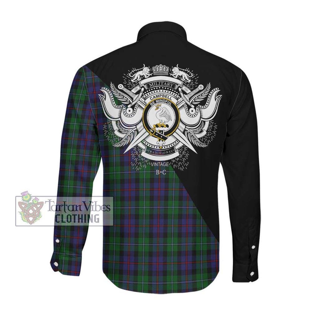 Campbell of Cawdor Tartan Long Sleeve Button Shirt with Family Crest and Military Logo Style Men's Shirt - Tartanvibesclothing Shop