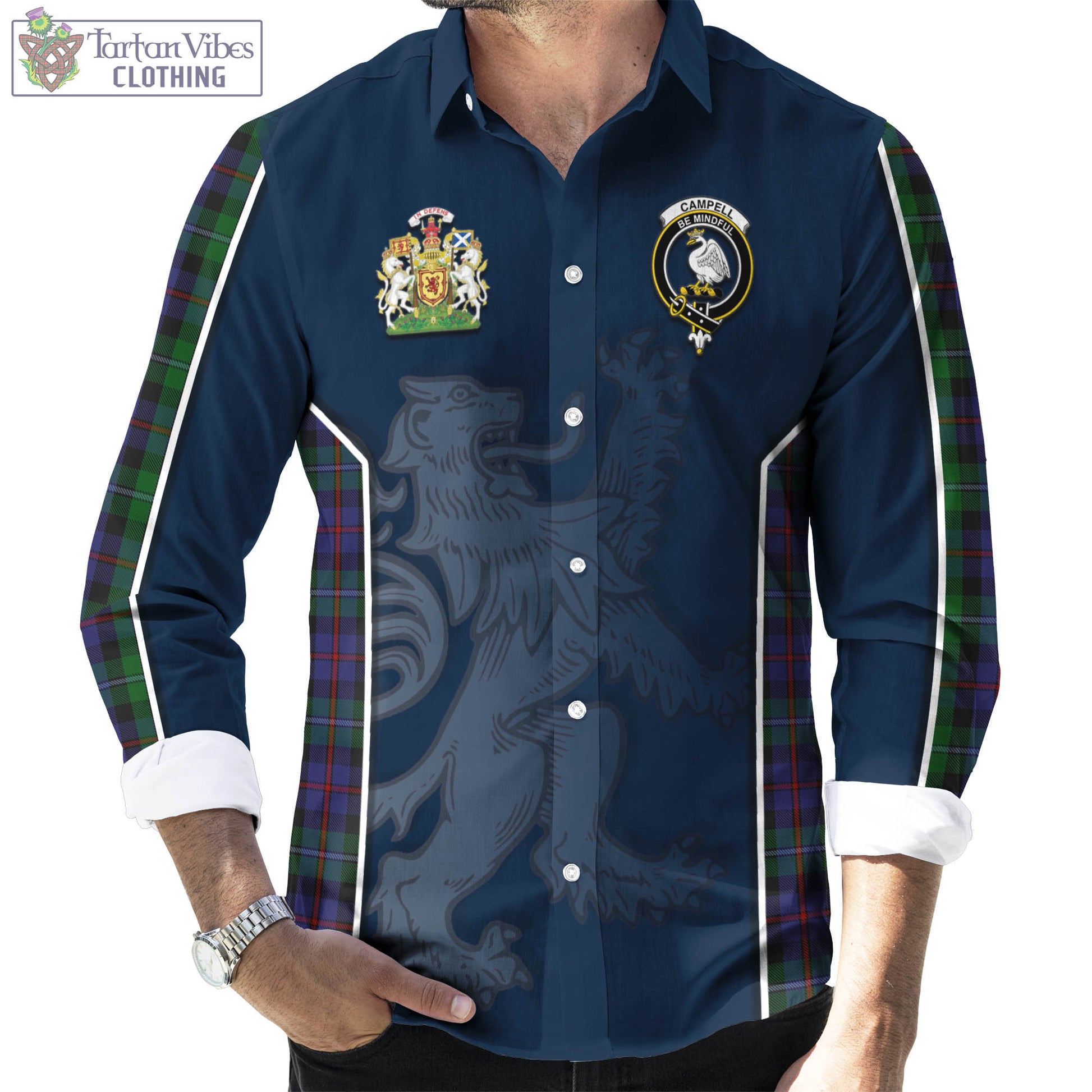 Tartan Vibes Clothing Campbell of Cawdor Tartan Long Sleeve Button Up Shirt with Family Crest and Lion Rampant Vibes Sport Style