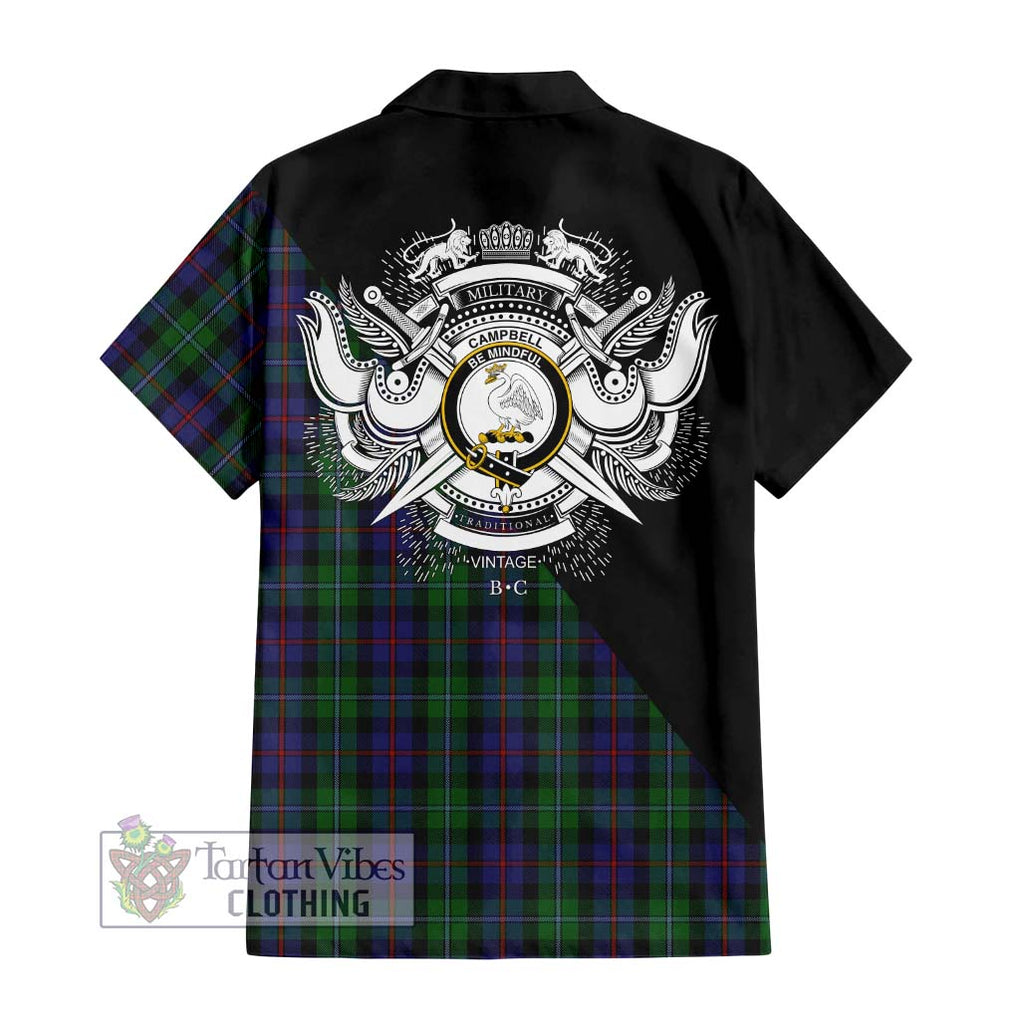 Campbell of Cawdor Tartan Short Sleeve Button Shirt with Family Crest and Military Logo Style - Tartanvibesclothing Shop