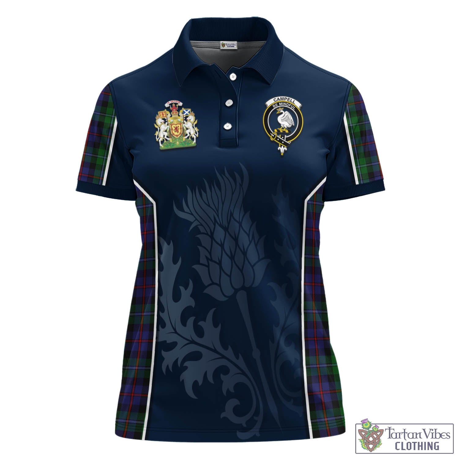 Tartan Vibes Clothing Campbell of Cawdor Tartan Women's Polo Shirt with Family Crest and Scottish Thistle Vibes Sport Style