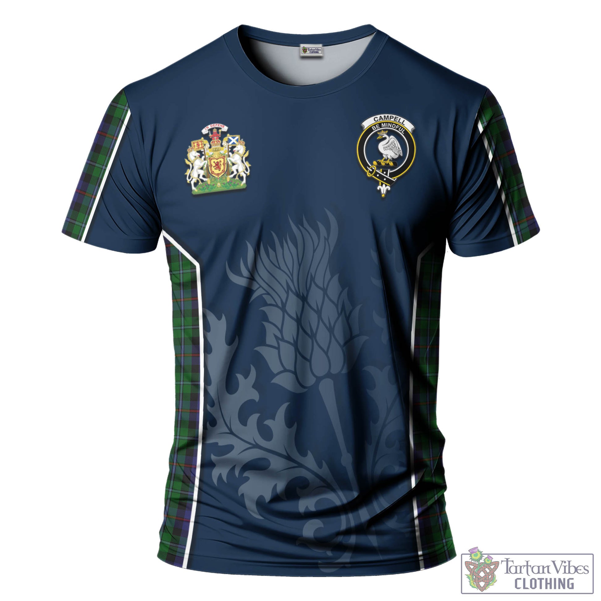 Tartan Vibes Clothing Campbell of Cawdor Tartan T-Shirt with Family Crest and Scottish Thistle Vibes Sport Style