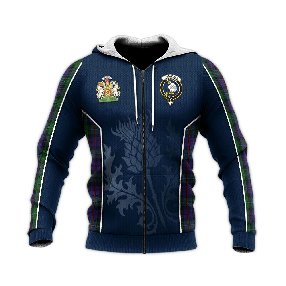 Tartan Vibes Clothing Campbell of Cawdor Tartan Knitted Hoodie with Family Crest and Scottish Thistle Vibes Sport Style