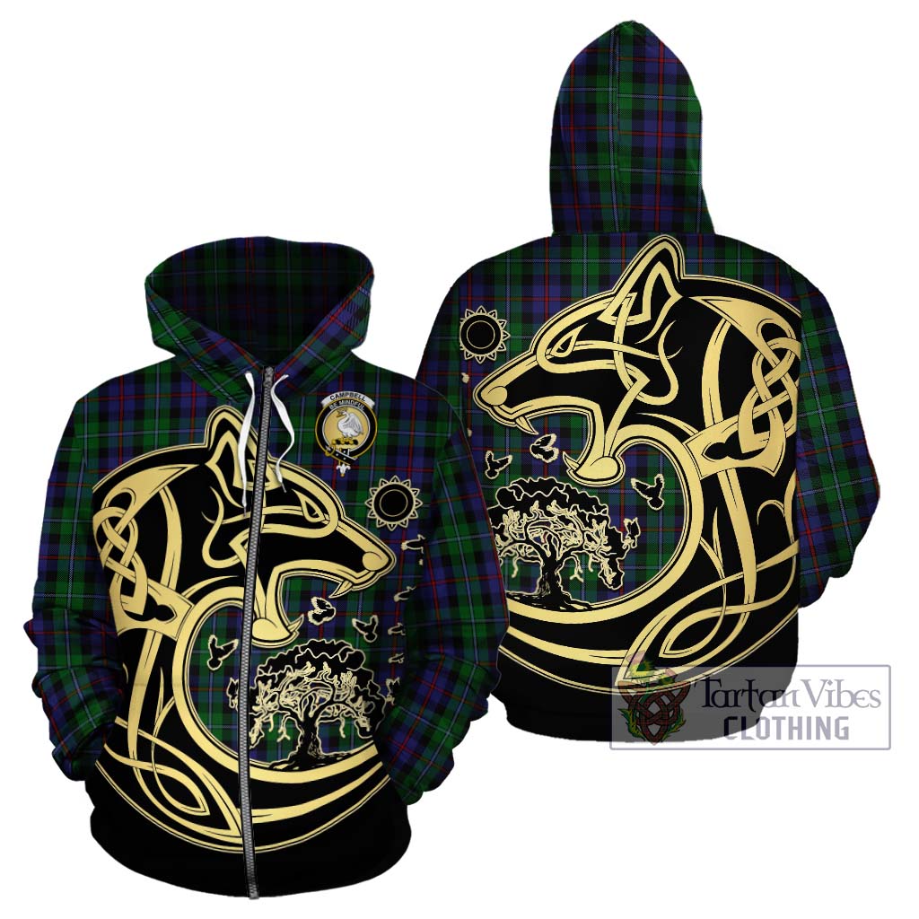 Tartan Vibes Clothing Campbell of Cawdor Tartan Hoodie with Family Crest Celtic Wolf Style