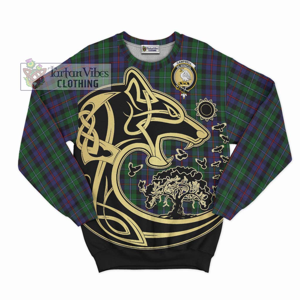 Tartan Vibes Clothing Campbell of Cawdor Tartan Sweatshirt with Family Crest Celtic Wolf Style