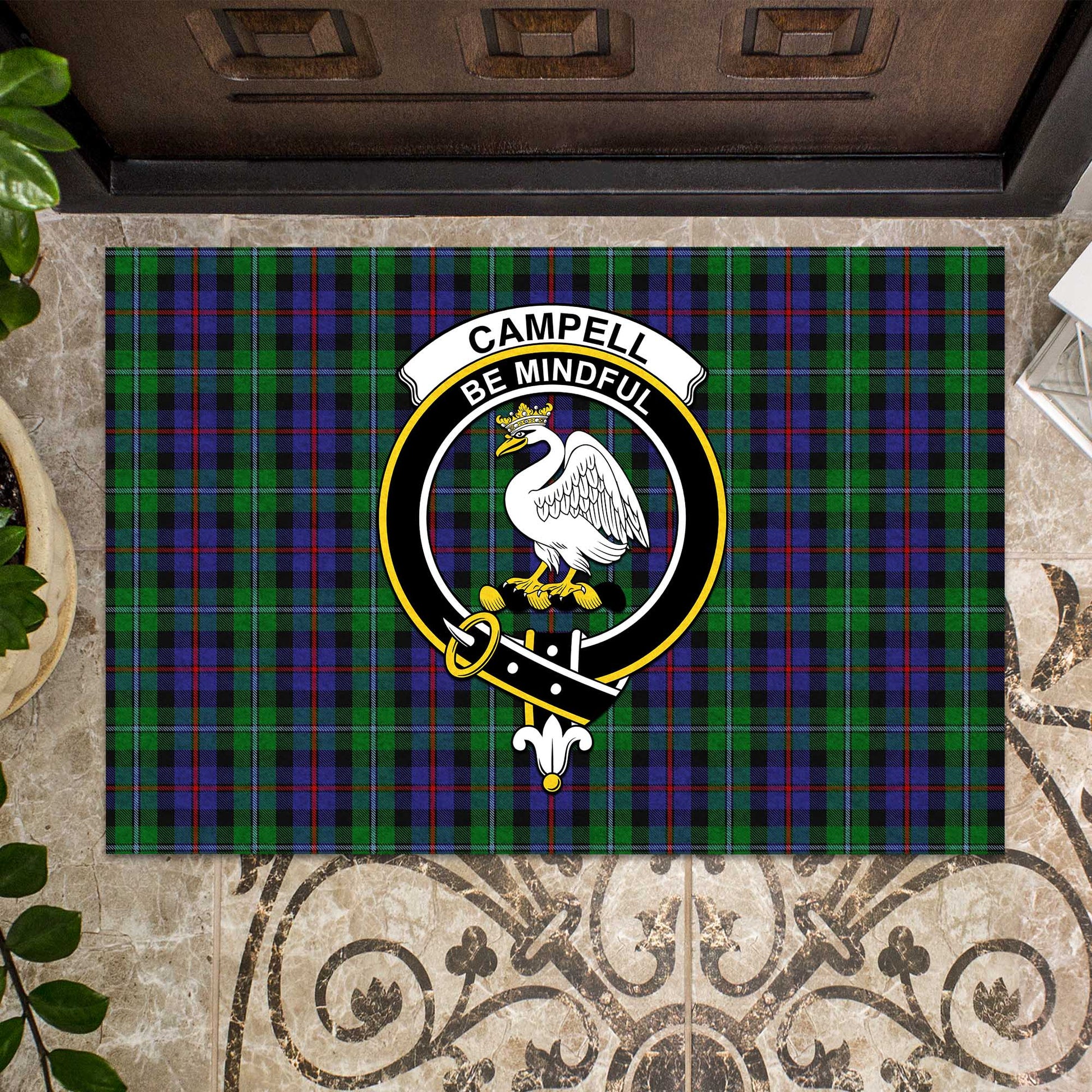 Campbell of Cawdor Tartan Door Mat with Family Crest - Tartanvibesclothing