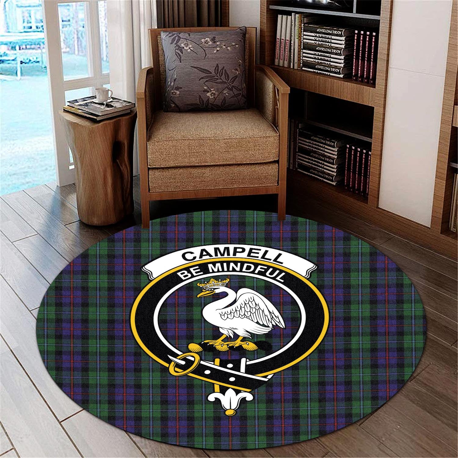Campbell of Cawdor Tartan Round Rug with Family Crest - Tartanvibesclothing