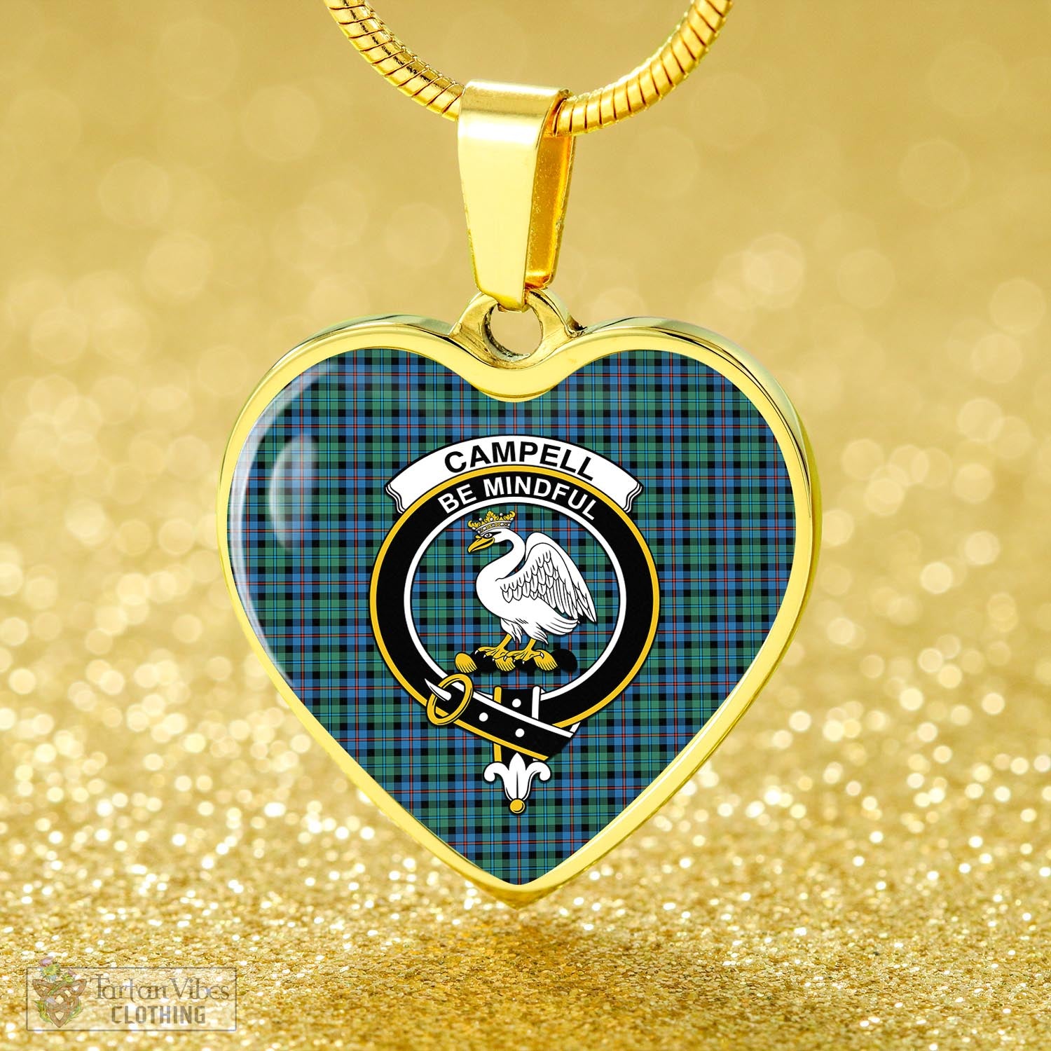 Tartan Vibes Clothing Campbell of Cawdor Ancient Tartan Heart Necklace with Family Crest