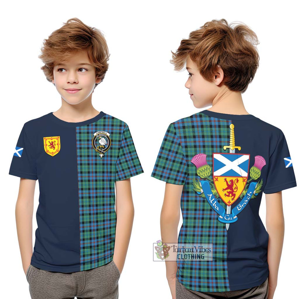 Tartan Vibes Clothing Campbell of Cawdor Ancient Tartan Kid T-Shirt with Scottish Lion Royal Arm Half Style