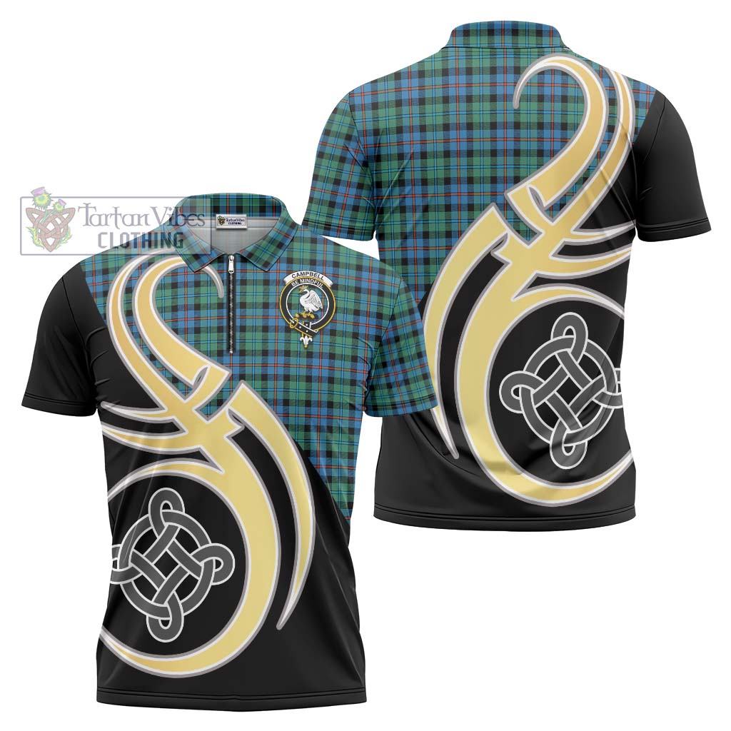 Tartan Vibes Clothing Campbell of Cawdor Ancient Tartan Zipper Polo Shirt with Family Crest and Celtic Symbol Style